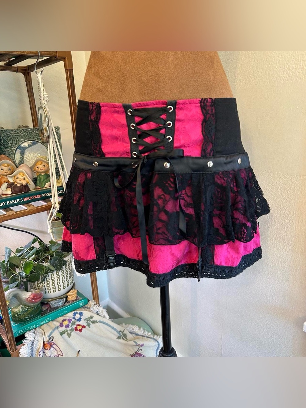 Black & Hot Pink Lace Up Mini Skirt w Lace Trim & Garter Straps by Tripp NYC